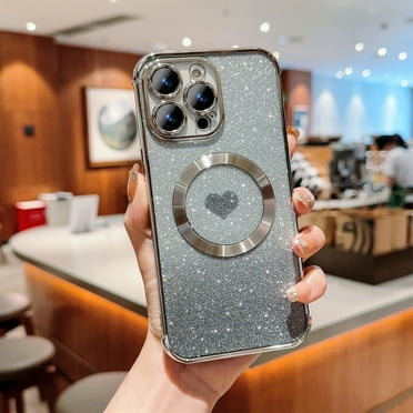 Jiahe Cover for iPhone 13 Pro Max, Compatible with MagSafe Case，Slim Plating Bling Glitter Shockproof Gradient Lover Heart Pattern Transparent Case Full Camera Lens Protection Cover, silve