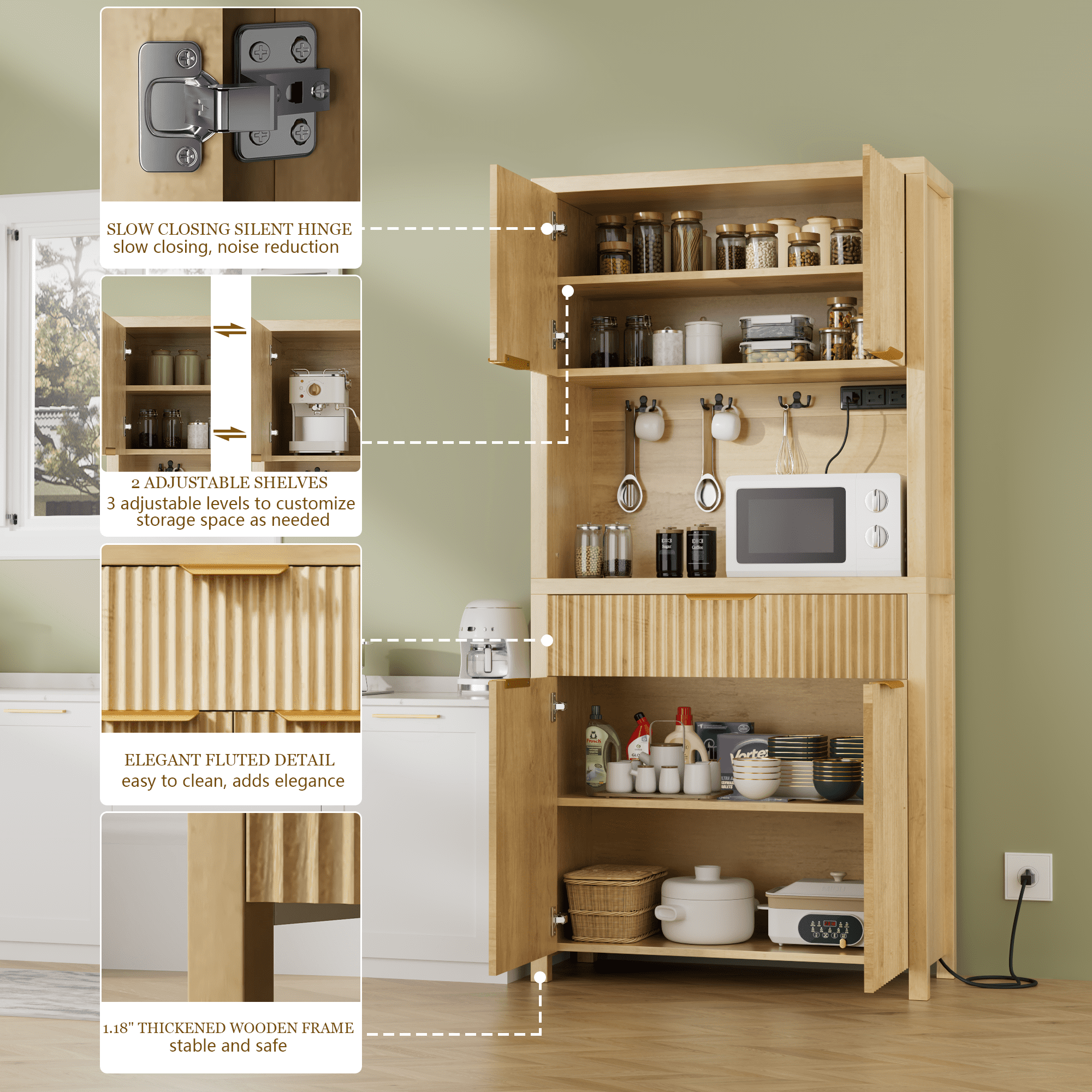 Aufeile 71" Tall Pantry with Drawer and Charging Station, Fluted Pantry Storage Cabinet with Adjustable Shelves for Kitchen Dining Room Living Room, Natural Oak