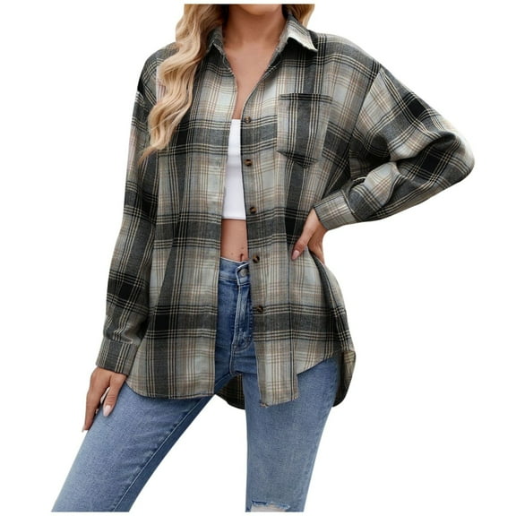 GEWSEY Womens Oversized Flannel Plaid Shirts Casual Button Down Blouse Tops with Pockets (Khaki, XXL)