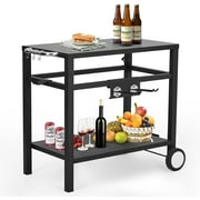 Bar Cart, Outdoor Grill Cart, Pizza Oven Stand, BBQ Prep Table with Wheels & Hooks, Side Handle, Double-Shelf Grilling Cart, Tabletop Griddle Cooking Station for Bar, Patio, Kitchen (Black)