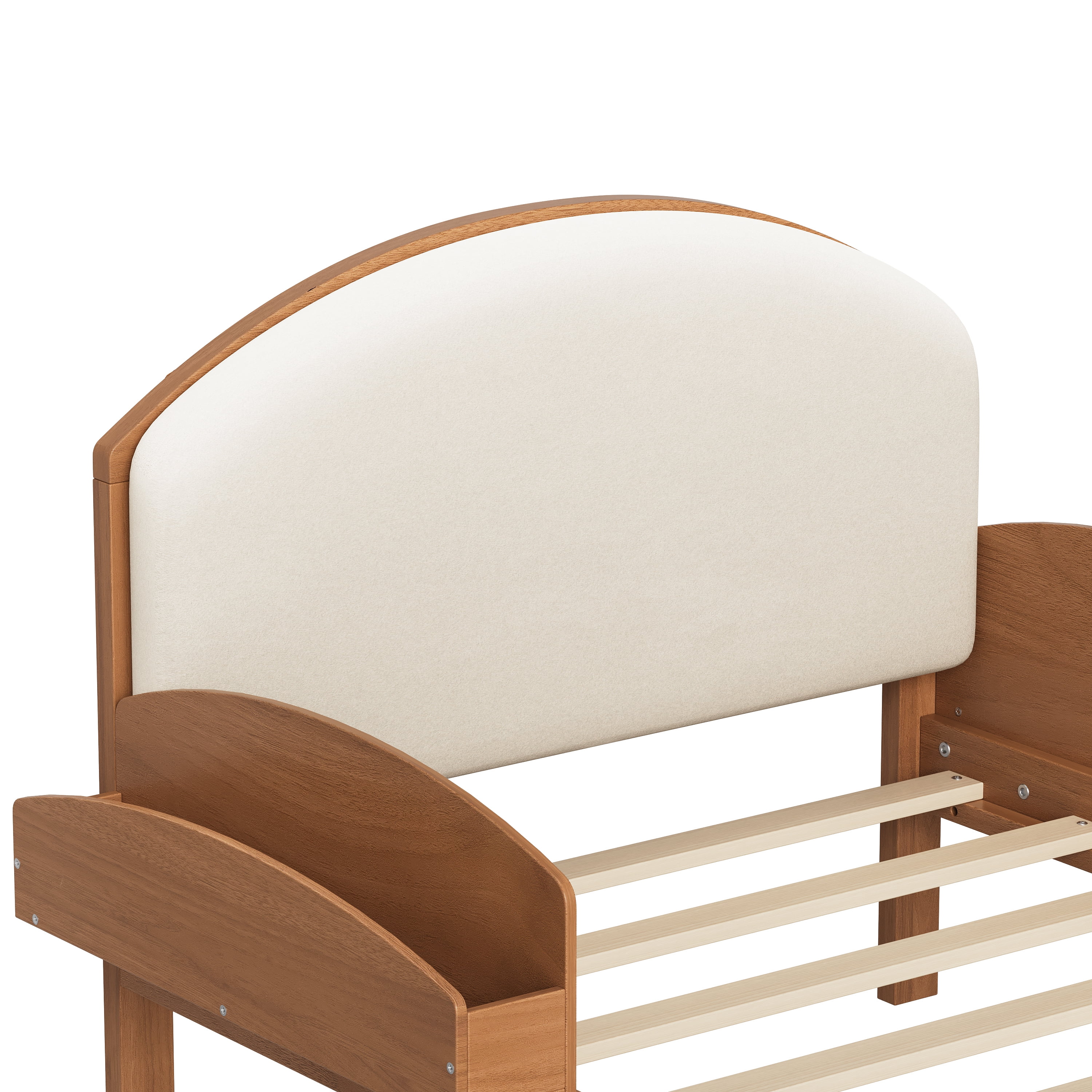 Euroco Twin Size Platform Bed with Upholstery Headboard, Wood Bed Frame with Storage Shelves, No Box Spring Needed, Light Walnut