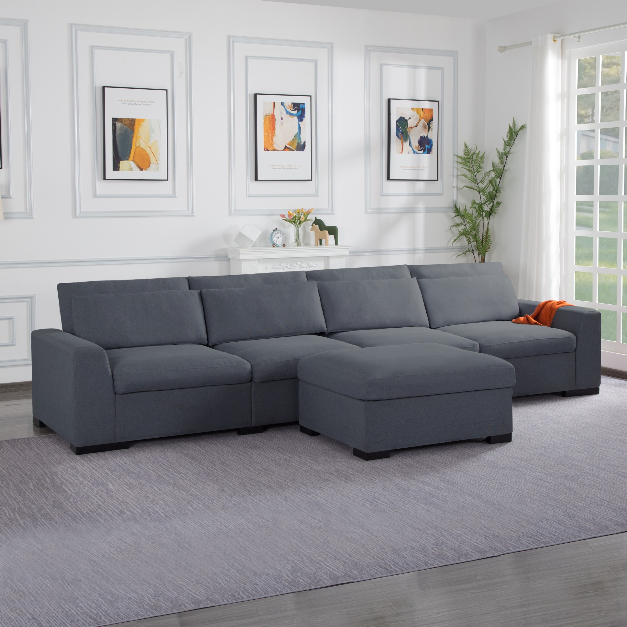 Gewnee Dark Grey 149" Modular Sectional Sofa with Ottoman - 5-Seat Linen Blend, Removable Cushions for Living Room