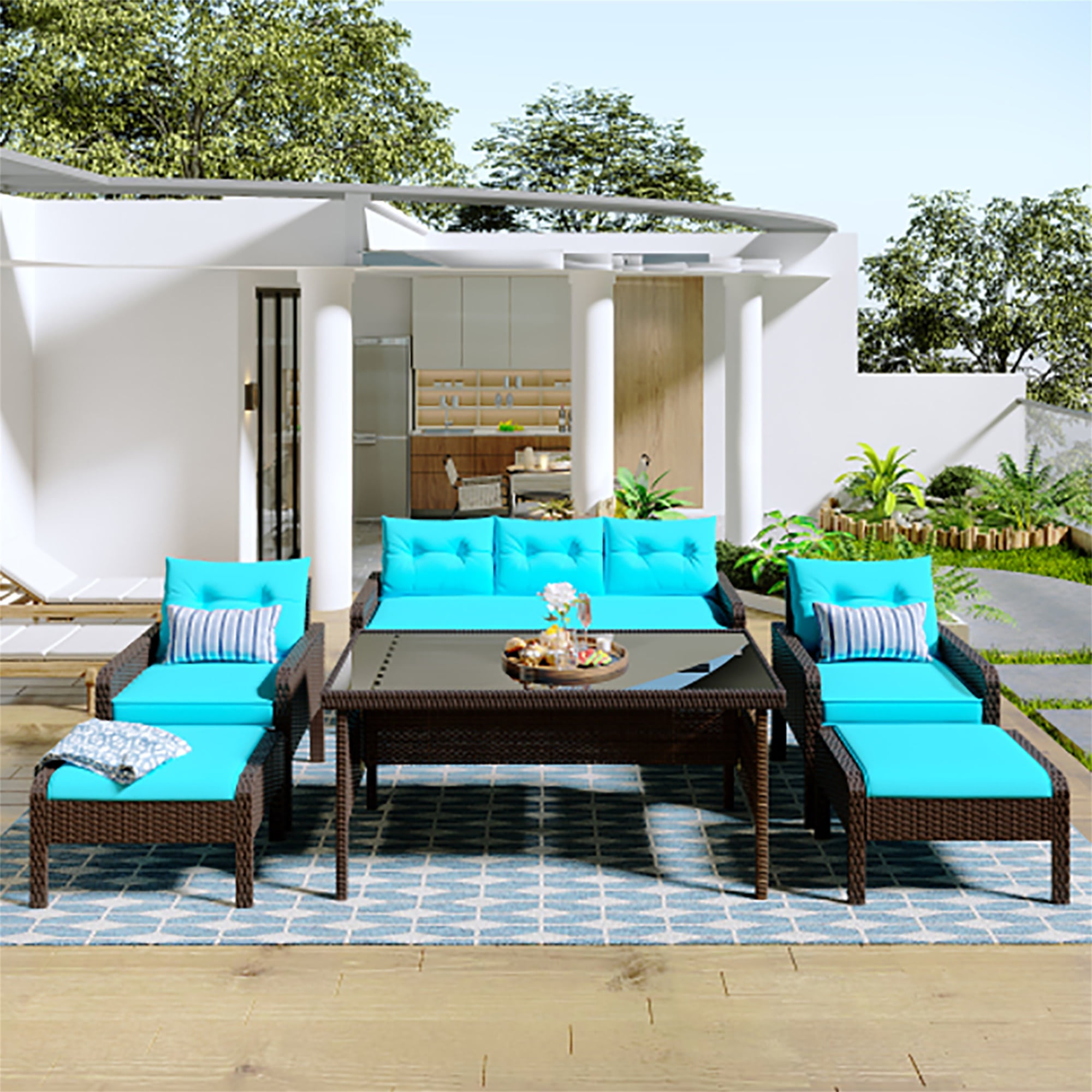 Kepooman 6 Piece All Weather Wicker PE Rattan Patio Outdoor Dining Conversation Set Sofa Set with Coffee Table, Sofa, Ottoman, Removable Cushions for Garden, Backyard, Porch, Poolside Kepooman 6 Piece All Weather Wicker PE Rattan Patio Outdoor Dining Conversation Set Sofa Set with Coffee Table, Sofa, Ottoman, Removable Cushions for Garden, Backyard, Porch, Poolside
