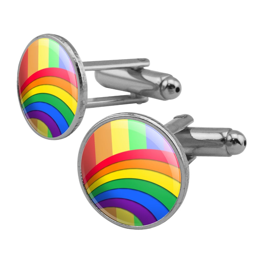 Double Rainbow Pride Arc Round Cufflink Set Silver Color