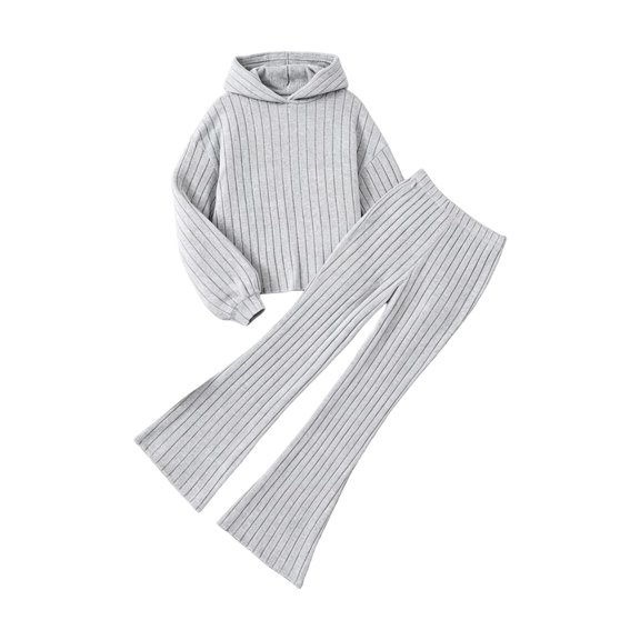 TIREOW Girls Ribbed Knit Outfits Long Sleeve Hooded Sweatshirt Top and Matching Flare Pants Casual Loungewear 2 Piece Set