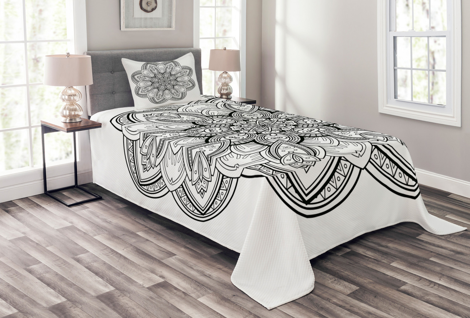 Ornate Swirl Motif Print Details about / Mandala Quilted Bedspread /& Pillow Shams Set