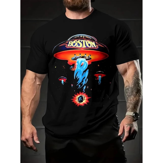 Camiseta gráfica de banda de rock de Boston para hombre: diseño psicodélico de póster de concierto, camiseta informal negra de cuello redondo con estampado brillante, tejido ligero y cómodo para un lo