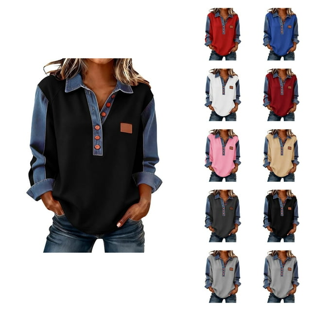 Hauts à Manches Longues pour Femmes 2026 Printemps Mode Bouton Col en V Col à Revers Patchwork en Denim Chemise Décontractée Blouse