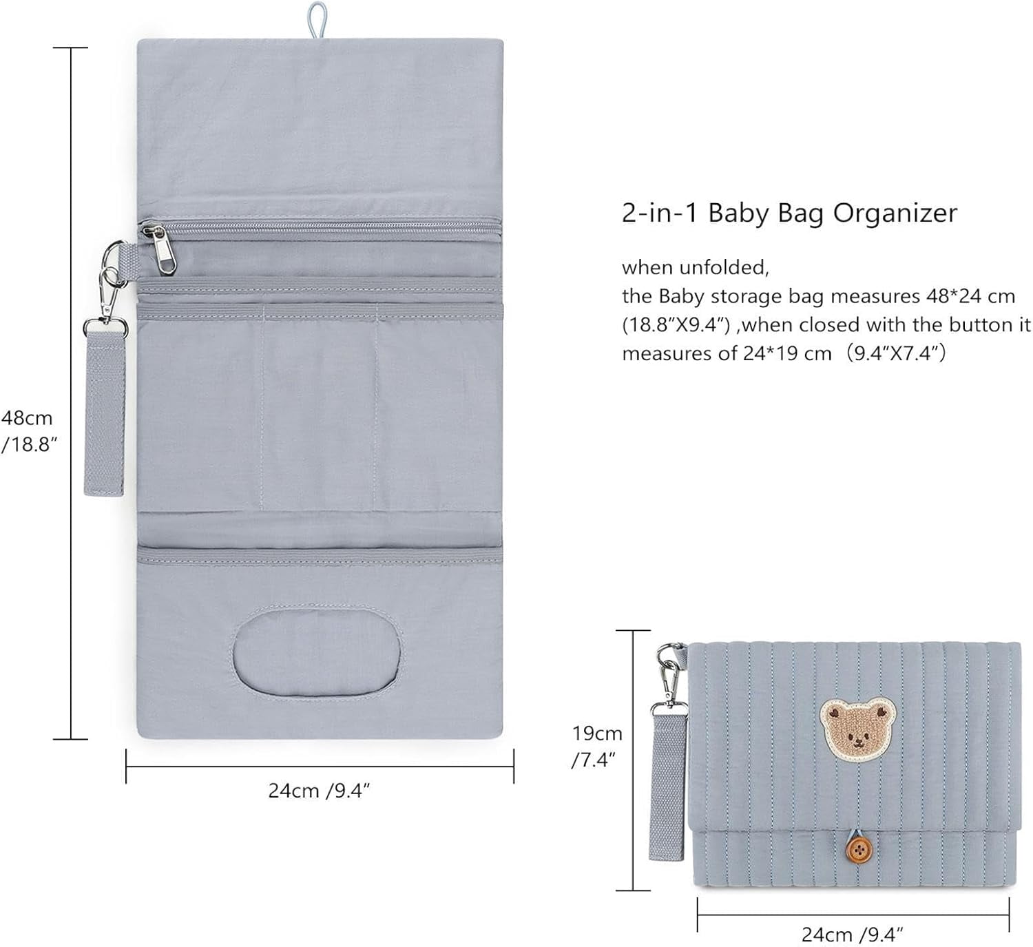 Diaper and Wipes Pouch | Cute Bear Embroidery Foldable Pouch | with Stroller Strap Compartment Diaper Bag Organizers | for