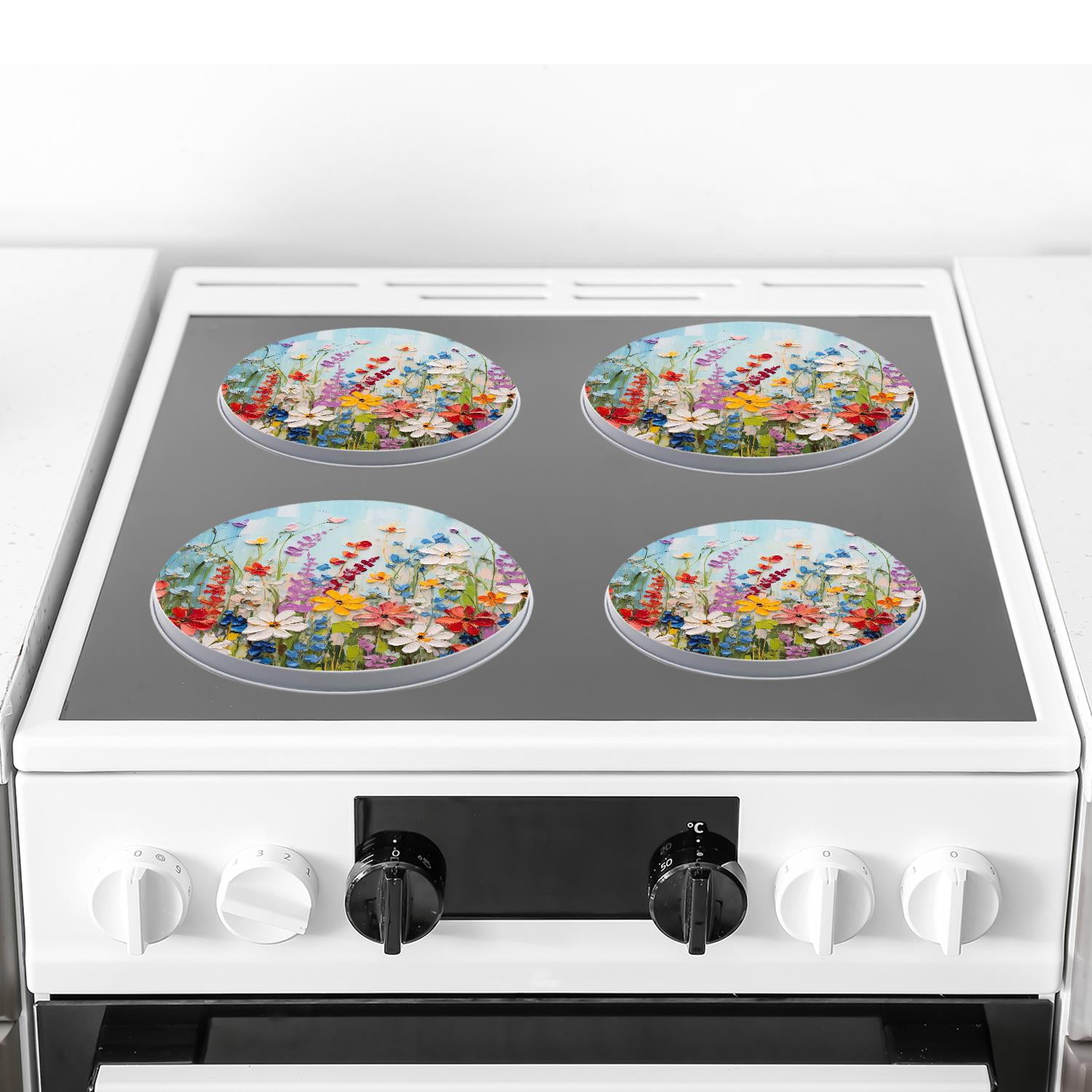 Round Stove Burner Covers 4 Pcs Metal Electric Stove Burner Covers 8Inch And 10Inch ,Red Poppies Spring Flowers Wildflowers pattern