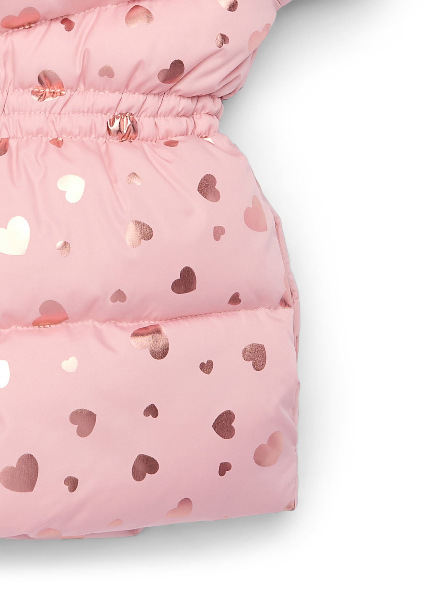 Pink Platinum Girls Heart Foil Printed Hooded Puffer Jacket with Fleece Lining, Sizes 4-16
