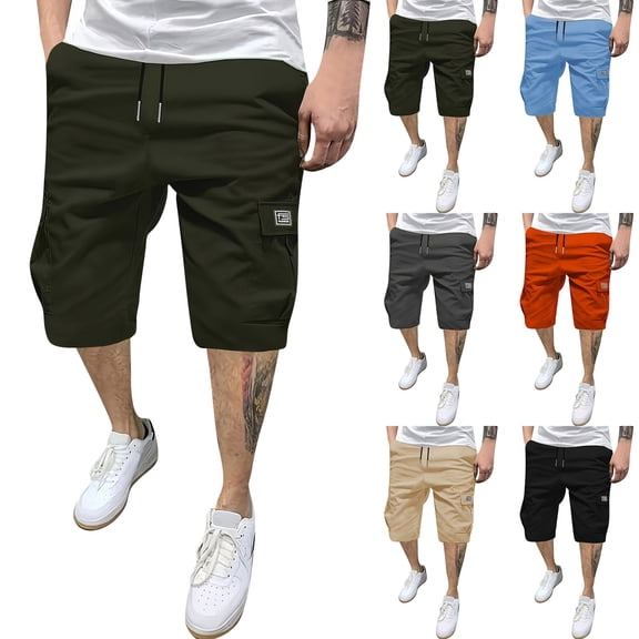 HKYNLAG Men's Casual Cargo Shorts Classic Wide Leg Elastic Waist Drawstring Outdoor Hiking Work Shorts with Multi Pockets Black L
