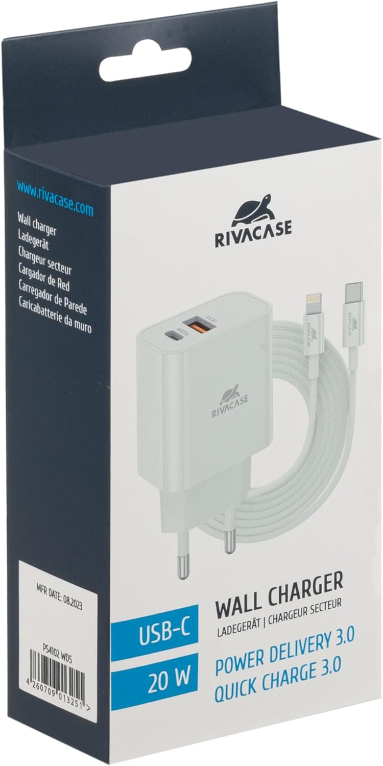 RIVACASE PS4102 WD5 Caricabatterie con cavo Lightning Type-C – 20W PD, QC3.0, 2 porte Type-C e