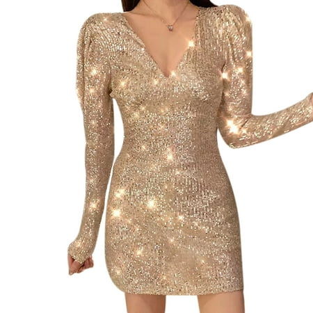 

Garhelper Sequin Slim Dress Holiday Gold V Neck Party French Style Club Elegance Glitter Skirt