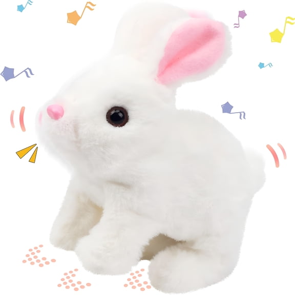 BESTSKY Hopping Rabbit Interactive Electronic Pet Plush Bunny Toy with Sounds and Movements Animated Walking Wiggle Ears Twitch Nose Gift for Toddlers Birthday,White,7''