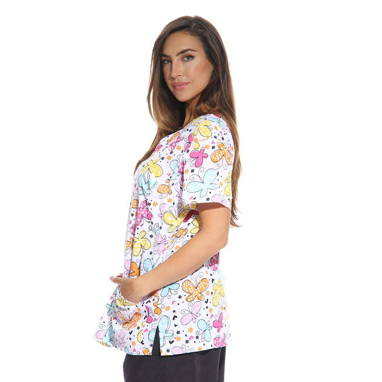 Just Love Women's Medical V-Neck Scrub Tops (White Butterfly, X-Small)