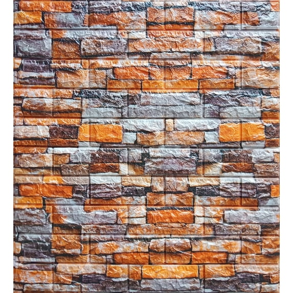 Dundee Deco Peel and Stick 3D Self Adhesive Foam Wallpaper - Orange Grey Beige Faux Stone, 2.3 ft x 2.5 ft