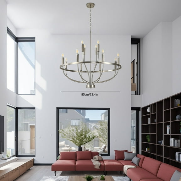 Miumaeov 12-Light Brushed Nickel Chandelier Farmhouse Industrial Pendant Light Dining Room Ceiling Lamp Fixtures 33.46in