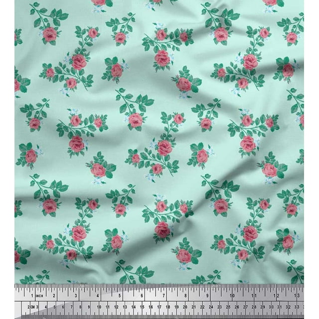 Soimoi Tissu Poly Georgette Feuilles & Roses Imprimé Tissu d'Artisanat au Mètre 52 Pouces de Large