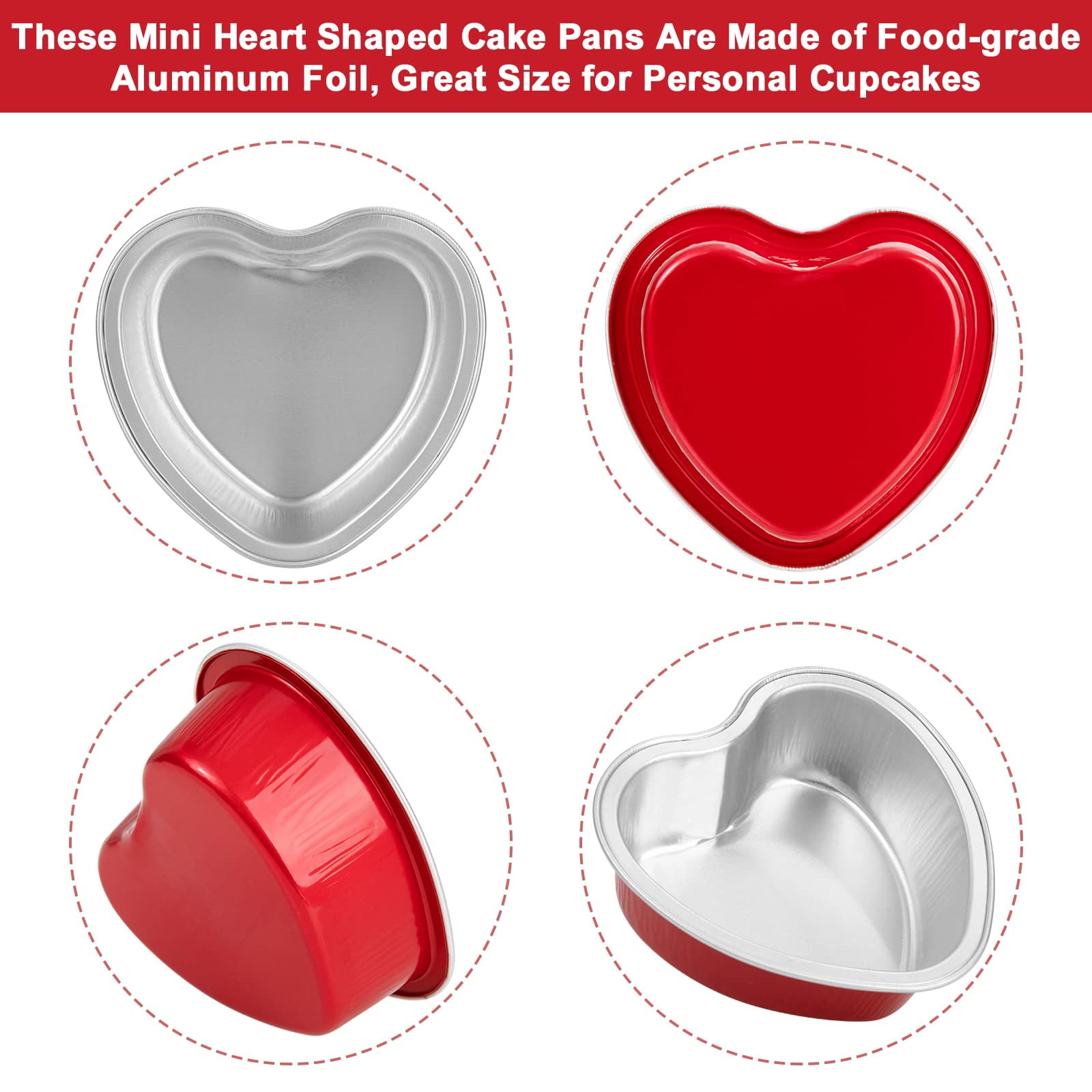 HEYYUMI Mini Heart Shaped Cake Pans With Lids 50pcs 3.4oz Aluminum Foil Heart Cake Pan Disposable Heart Cupcake Cups Liners Tins Ramekins Containers