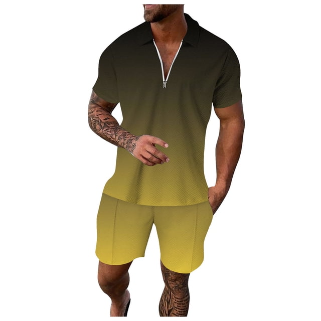 Ediodpoh Male Casual Striped Gradient Ramp Print Two Piece Zipper Short Sleeve Top Blouse Suit Drawstring Pocket Short Set Two Piece Sets for Men Yellow_002 L