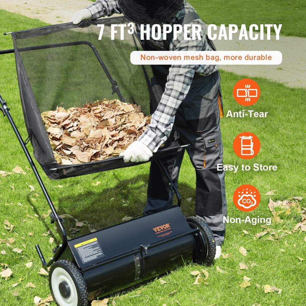 NOBOLEA 26" Push Lawn Sweeper, 7 Cu Ft Leaf & Grass Collector with 4 Brushes, Adjustable Height Heavy Duty Yard Sweeper for Lawn Debris Cleanup