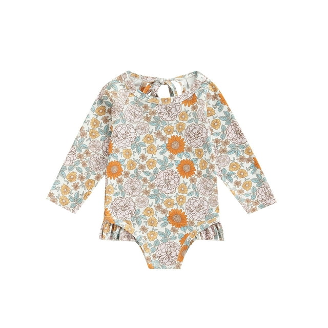 Xingqing Maillot de Bain une Pièce à Manches Longues pour Bébé et Tout-Petite Fille, Maillot Dermoprotecteur, à Volants