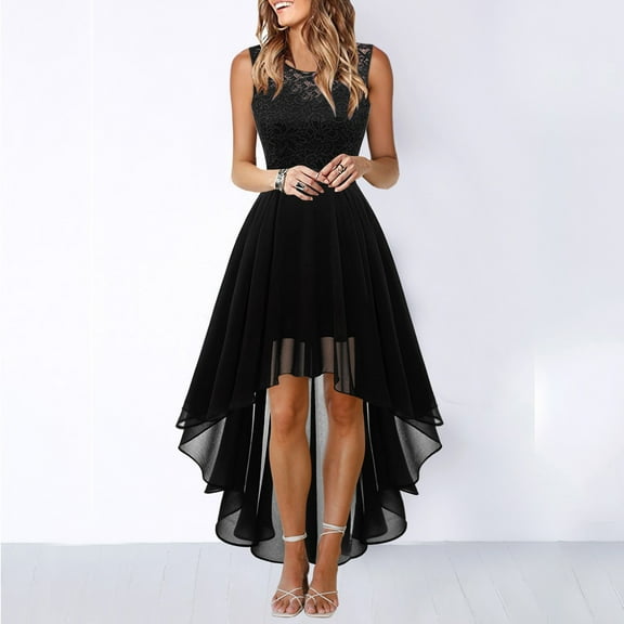 EliteGoogv Womens Bridesmaid Dresses Sleeveless Lace High Low Hem Dresses For Women Elegant Fit Flare Chiffon Evening Dresses Summer Party Wedding Guest Dresses Black