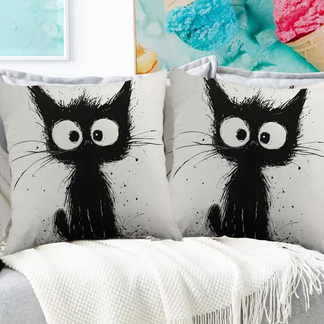 Streamlined Daily Black Line Fry Cats Pillow Cover Office Bedroom Pillow Cover Home Decoration