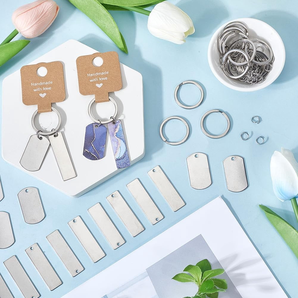 30 Pack Metal Key Chain Blanks Laser Engraved Jewelry Blanks Stainless Steel Stamping Blank Tags Round Key Ring Paper Display Cards Jump Rings Keychain Making Kits for DIY Birthday Gifts