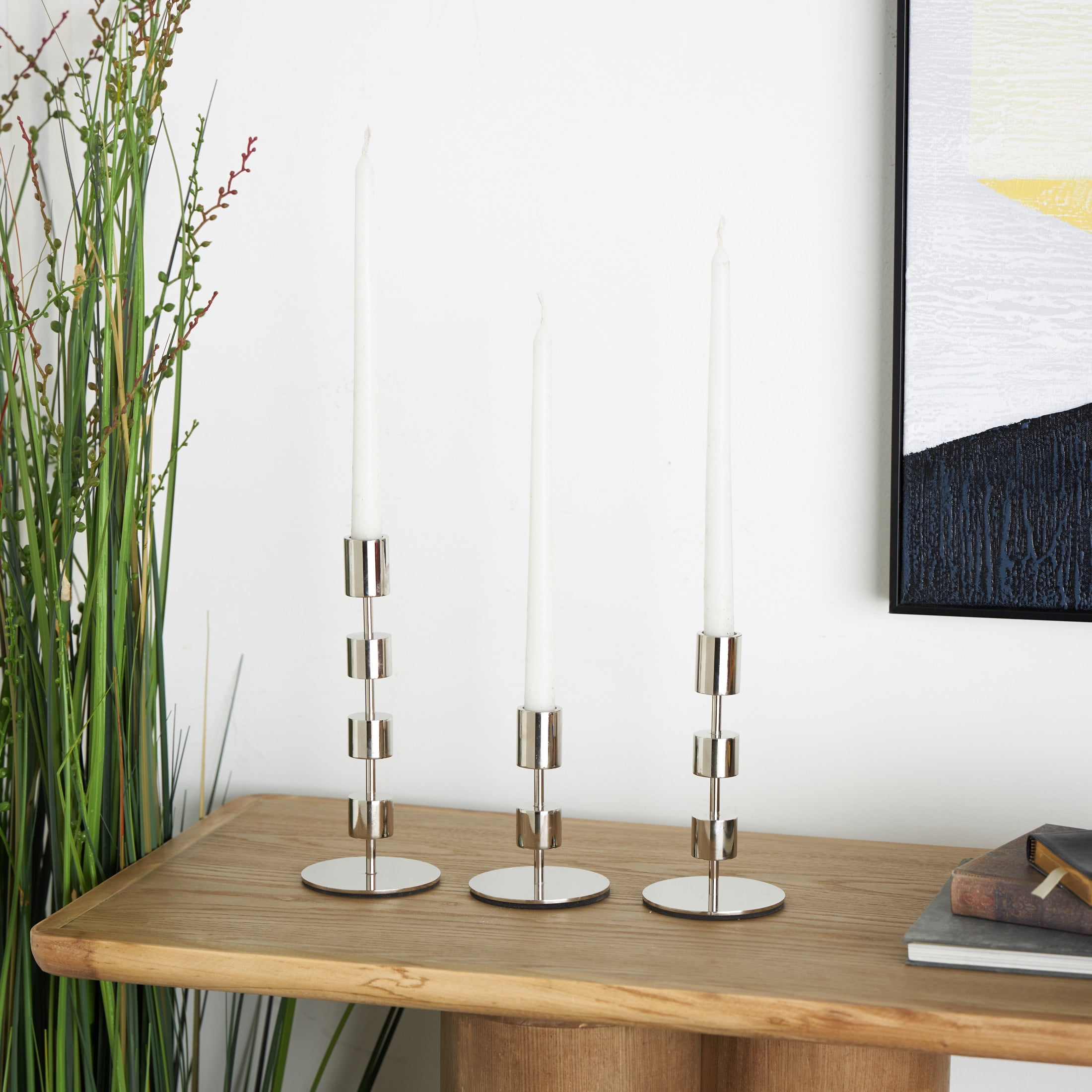 DecMode 3 Candle Silver Aluminum Metal Abstract Floating Block Candle Holder with Rounded Bases, Set of 3
