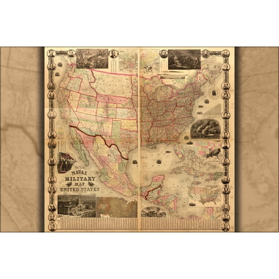 24"x36" Gallery Poster, naval & military map of United States 1862
