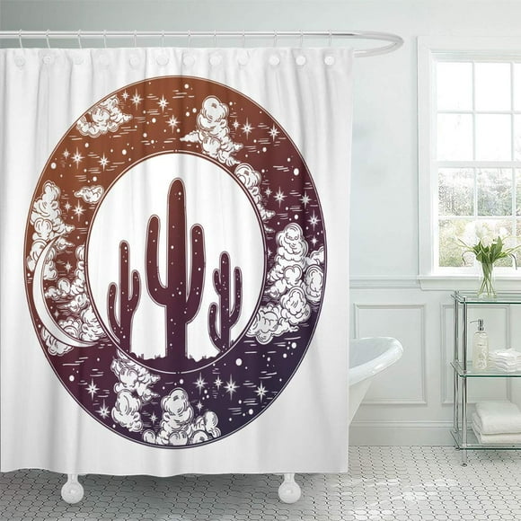 YUSDECOR Romantic Beautiful Round Drawing of a Night Sky Moon Cactus Bathroom Decor Bath Shower Curtain 60x72 inch
