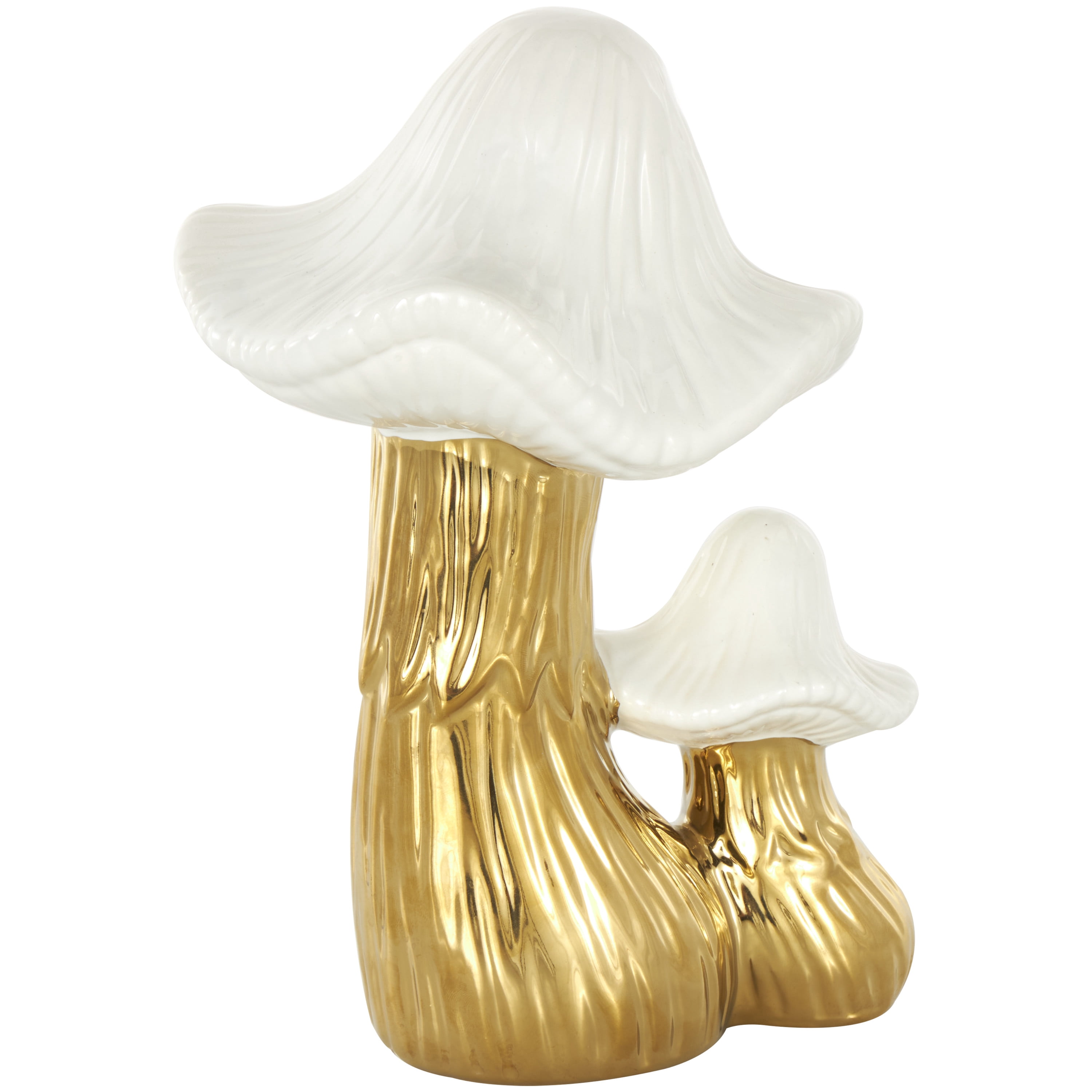 7" x 10" Gold Ceramic Mushroom Sculpture with White Tops and Textured Grooves, by DecMode