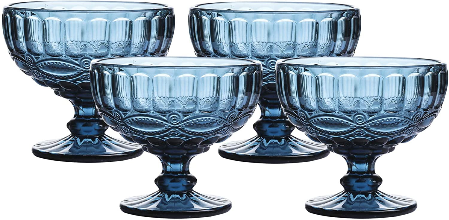 VanEnjoy Deep-blue Vintage Pressed Pattern Glass Ice Cream Cups/Dessert Bowls Set of 4,12 Oz 