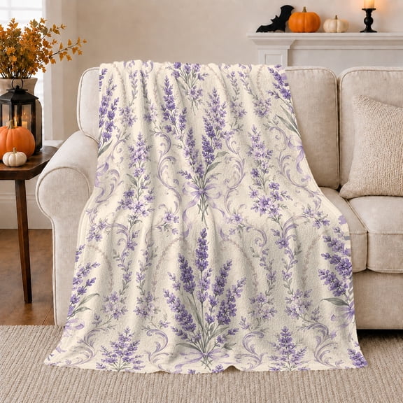Lavender Sprigs And Ornamental Scrolls, Cozy Flannel Blanket for Lavender Art Enthusiasts, Vintage Botanical Watercolor Pattern Home Decor for Living Room and Bedroom, Housewarming Gift