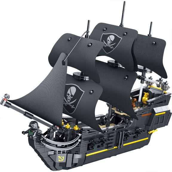 DIY Pirate Ship Building Kit – Black Sailing Vessel Model with Flags & Cannons for Teens & Adults