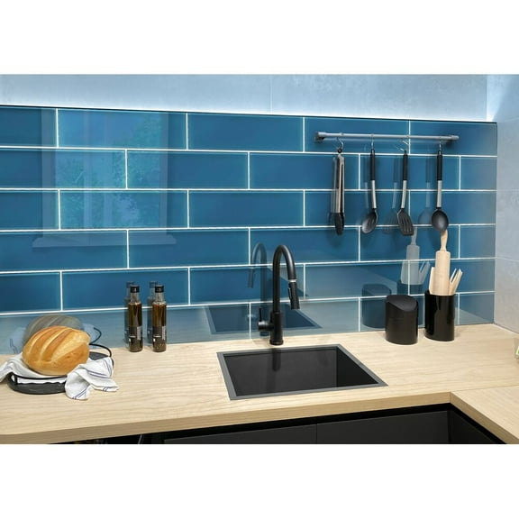 Apollo Tile   12 Pack 4-in x 16-in Blue Rectangular Subway Glossy Finished Glass Mosaic Wall Tile (5.33 sq ft/case)