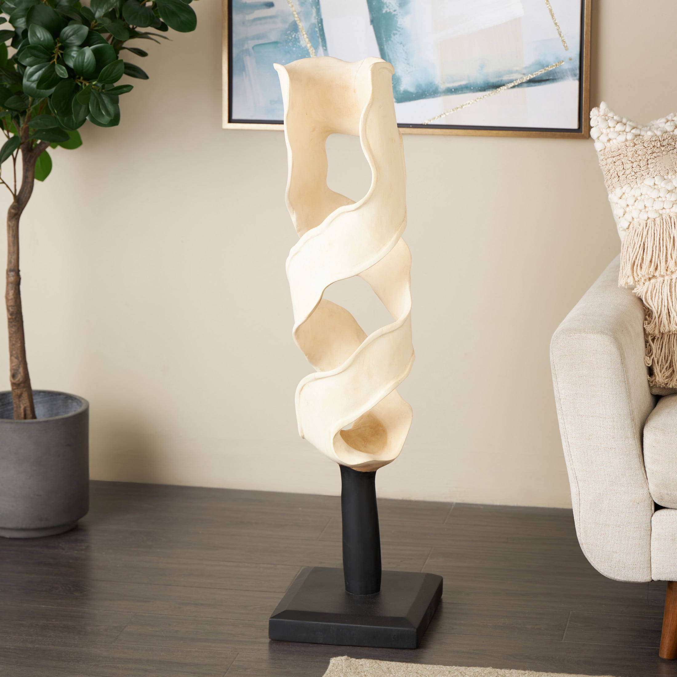12" x 40" Cream Suar Wood Handmade Live Edge Intertwined Abstract Sculpture with Black Square Base, by DecMode