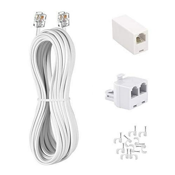 Phone Cord 15FT, Landline Telephone Cable with RJ11 Plug, Includes Telephone Inline Coupler RJ11 Splitter and 10pcs Cable Clips(White)