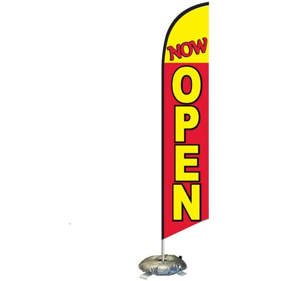 FFN Now Open Feather Flag Kit with Cross-Base and Weight-Donut, Outdoor Advertising Banner Swooper Flag, Red and Yellow