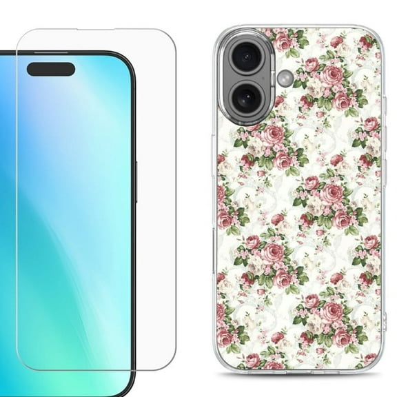 For iPhone 16 Phone Case Cover, Shockproof Case with Tempered Glass Screen Protector, by OneToughShield - Floral/Rose