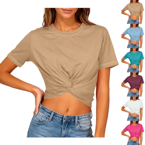 Inverlee Women's Summer Casual Short Sleeve Tops Stylish Round Neck Slim Fit Elegant Shirts Cropped T-Shirt with Twisted Knot Detail at the Navel
