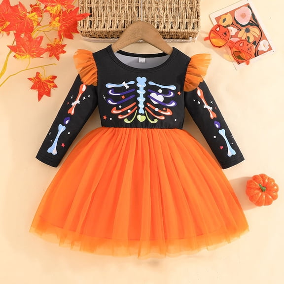 EnJoCho Toddler Girl Orange Bat Halloween Dress Long Sleeve Tutu Dress for Fall Festivals, Pumpkin & Spoo𝗄y Parties Dress