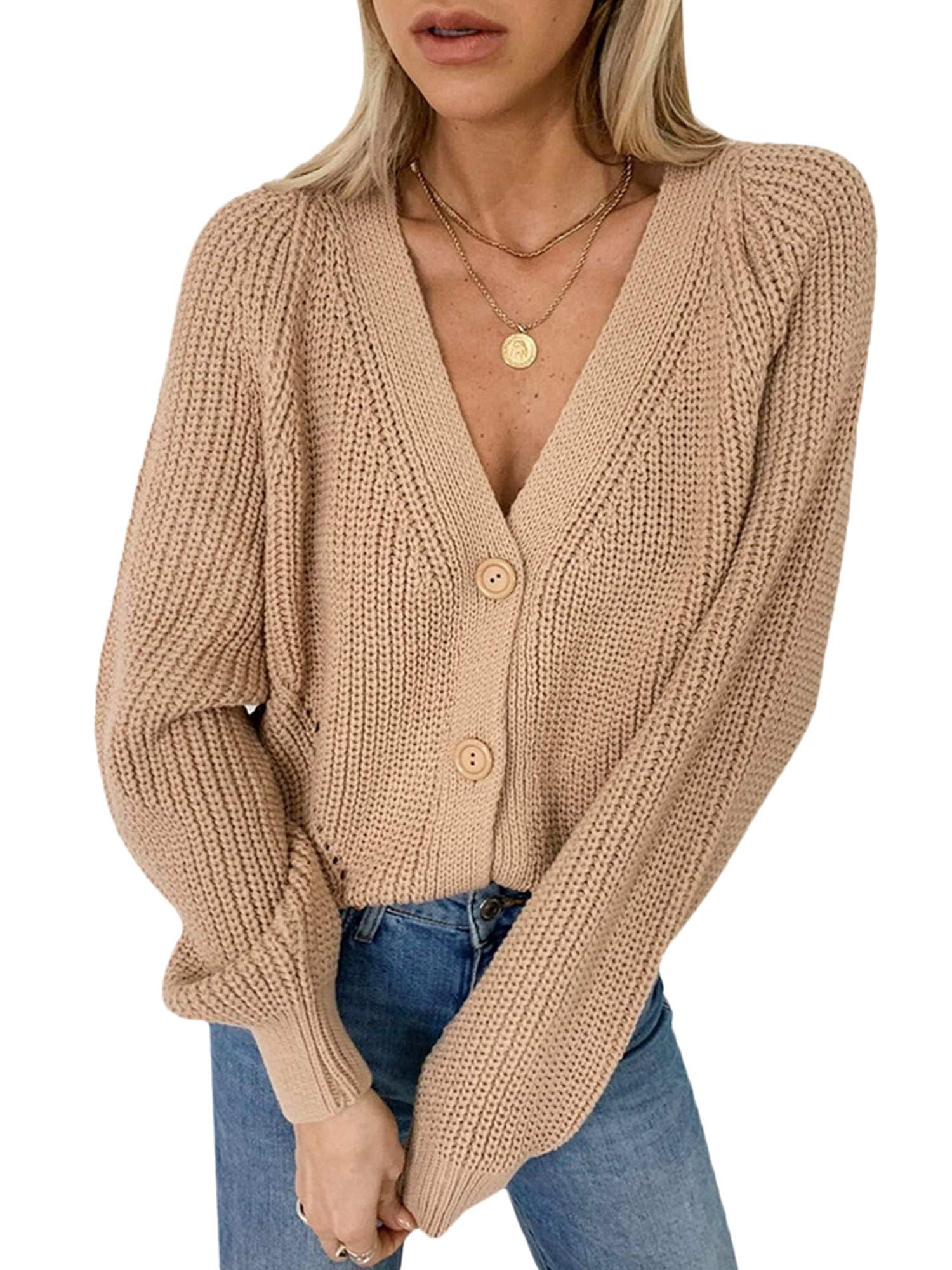 Womens Puff Sleeve V Neck Button 