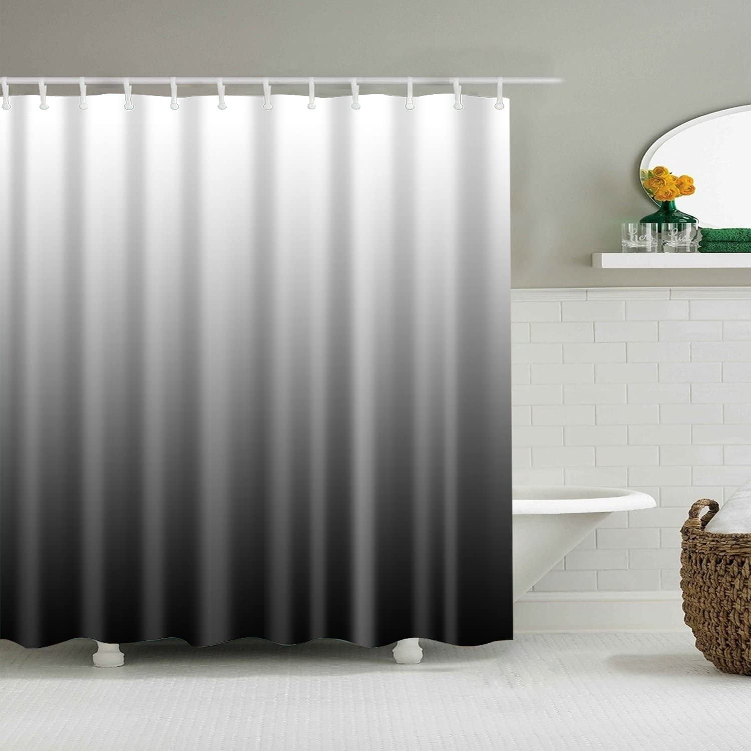 Black Shower Curtain Gradual Color Design Fabric with 12 Hooks Ombre ...