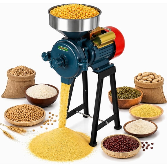 Electric Grain Mill Grinder Corn Grinder, Thickness Adjustable Commercial Feed Flour Mill Grinder with Funnel, 3000W 110V Feed Mill Wet & Dry Grinder for Rice Coen Herbs