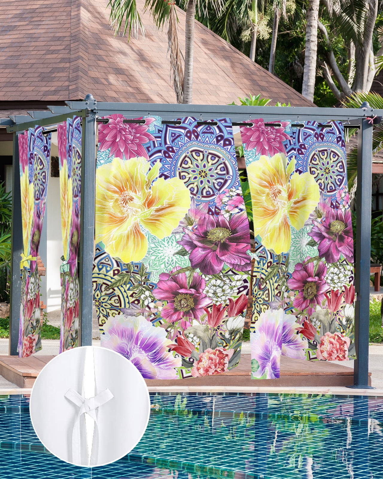Outdoor Curtains for Patio, Bohemian Mandala, Waterproof Blackout Outside Curtain for Porch/Pergola/Gazebo, Vintage Colorful Boho Floral Chic Ethnic Thermal Insulated Drapes, 1 Panel, 54 x 84 Inch