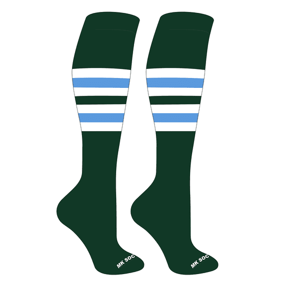 MK Socks Striped OTC Baseball, Softball, Football Socks (F) Dk Green, White, Columbia Blue