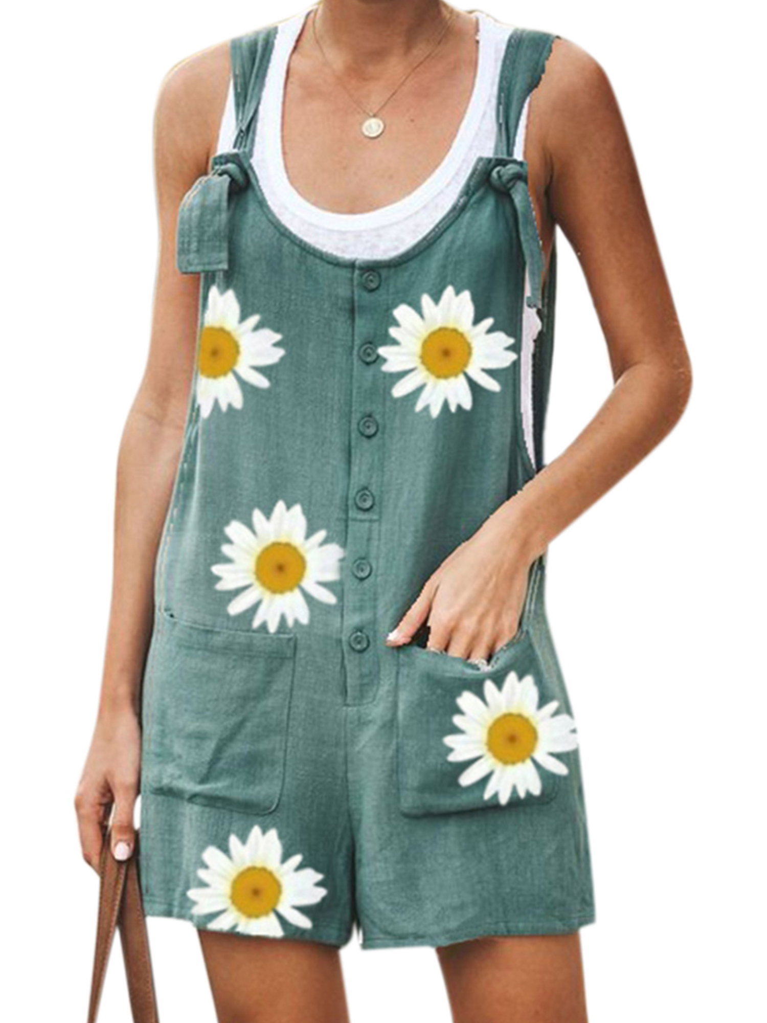 Wodstyle Womens Floral Strappy Summer Casual Short Jumpsuit Loose Fit